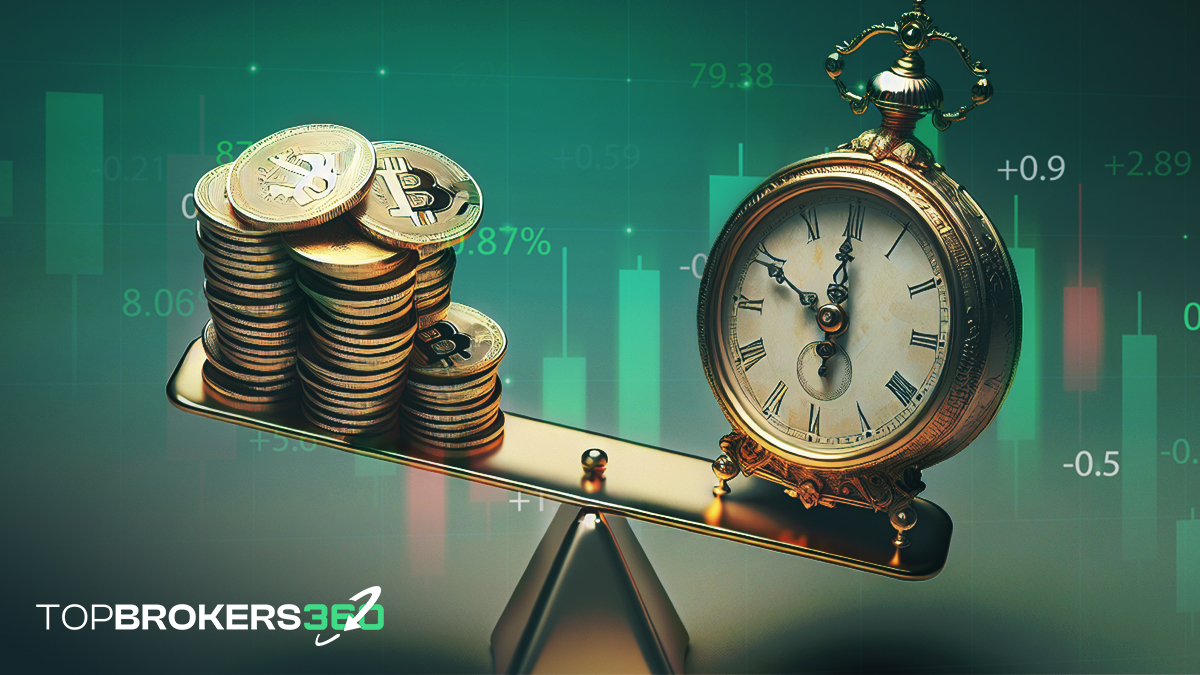 A balanced scale, with one side holding a stack of Bitcoins and the other a clock ticking down to the halving event.