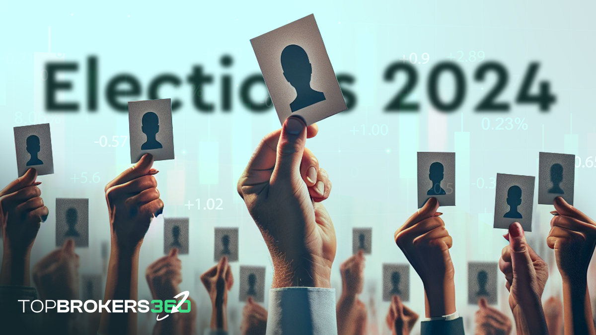 Hands holding voting cards with the text "Elections 2024" in the background.