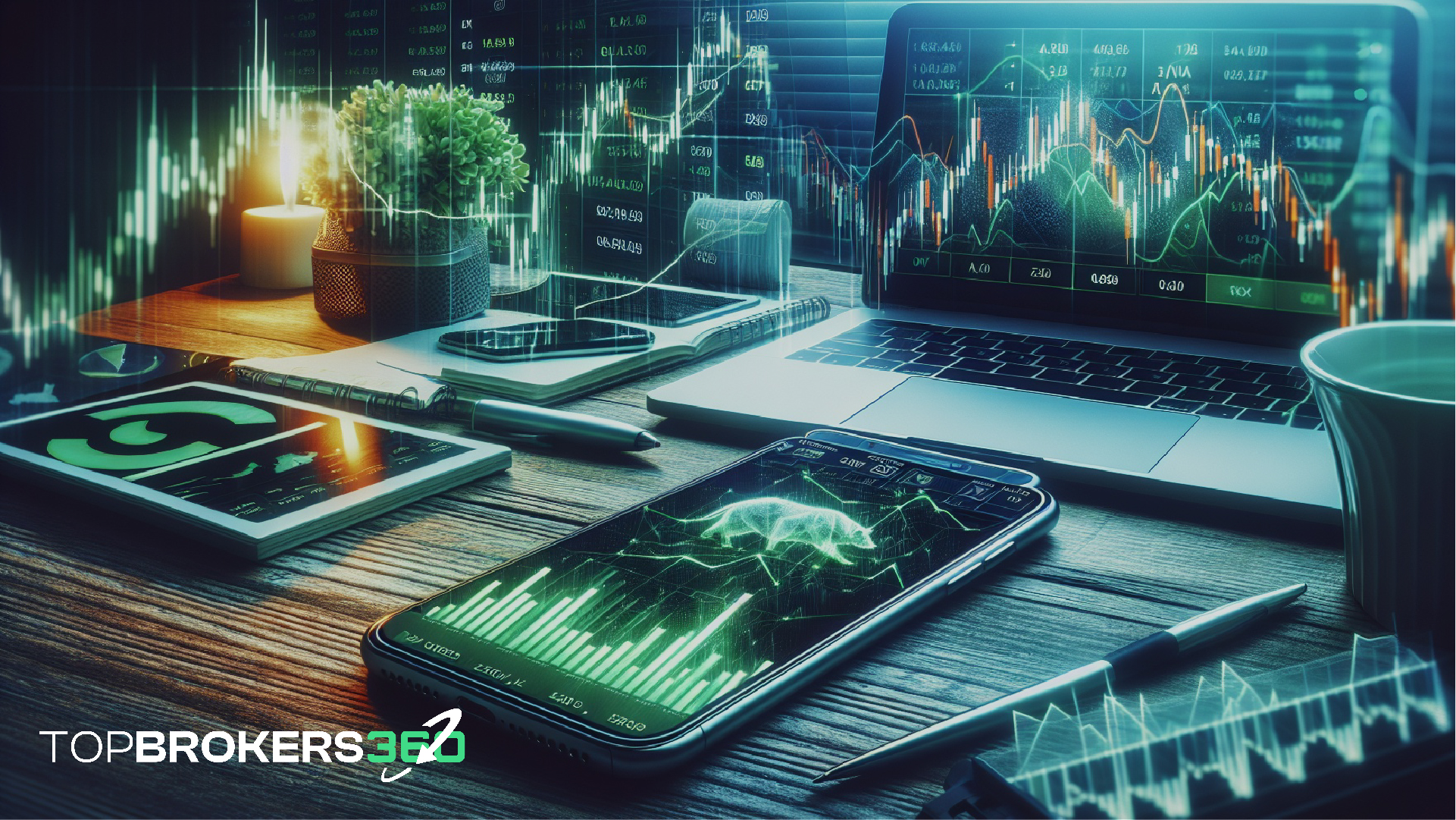 Notizie forex in tempo reale su uno smartphone accanto a grafici finanziari, che illustrano il trading di notizie nei CFD.