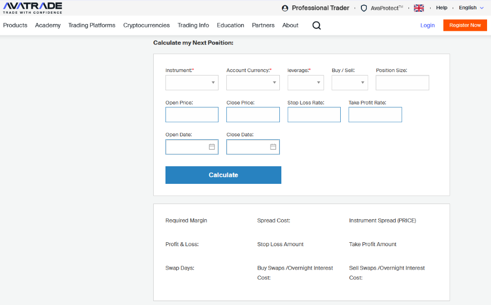 AvaTrade Trading Calculator