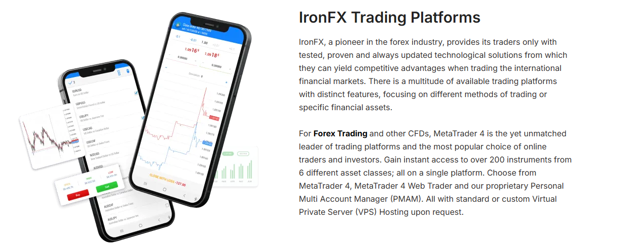 IronFX MT4, WebTrader, VPS Hosting, and PMAM platforms