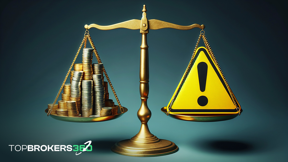 A scale balancing a pile of coins on one side and a warning sign on the other.