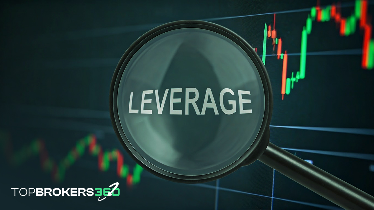 A magnifying glass focusing on a trading screen with the word ‘Leverage’ emphasized.